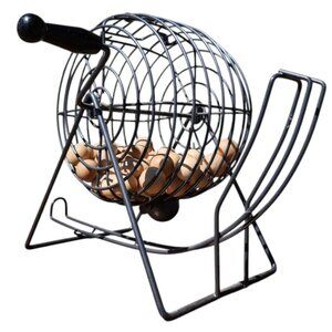 VINTAGE Bingo Cage with Wooden Etched Balls Spinning Handle Board Game Table Gam